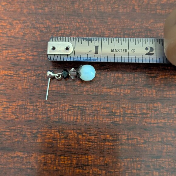 Moonstone Earrings Blue Rainbow Glass Bead Dangle Dainty Art Deco Victorian - Picture 5 of 6